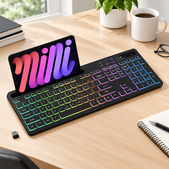 Black Wireless RGB Backlit with Phone Holder for PC and Computers