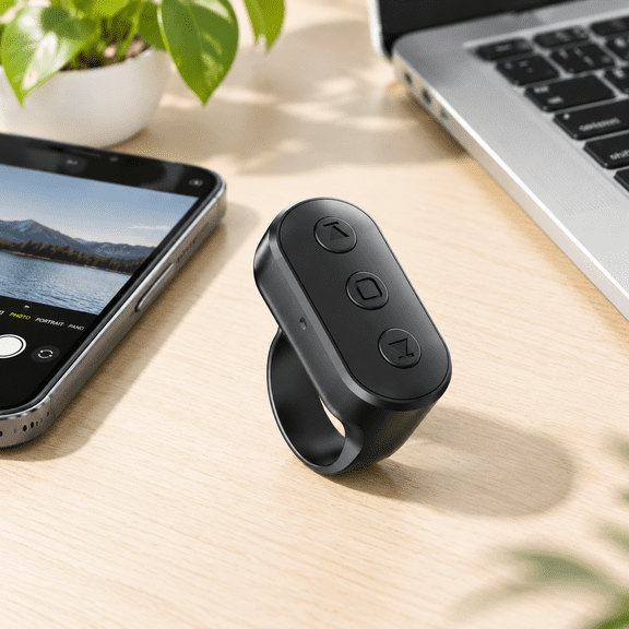 Black Wireless Ring Cell Phone Camera Remote with Zoom for Photo and Video Recording