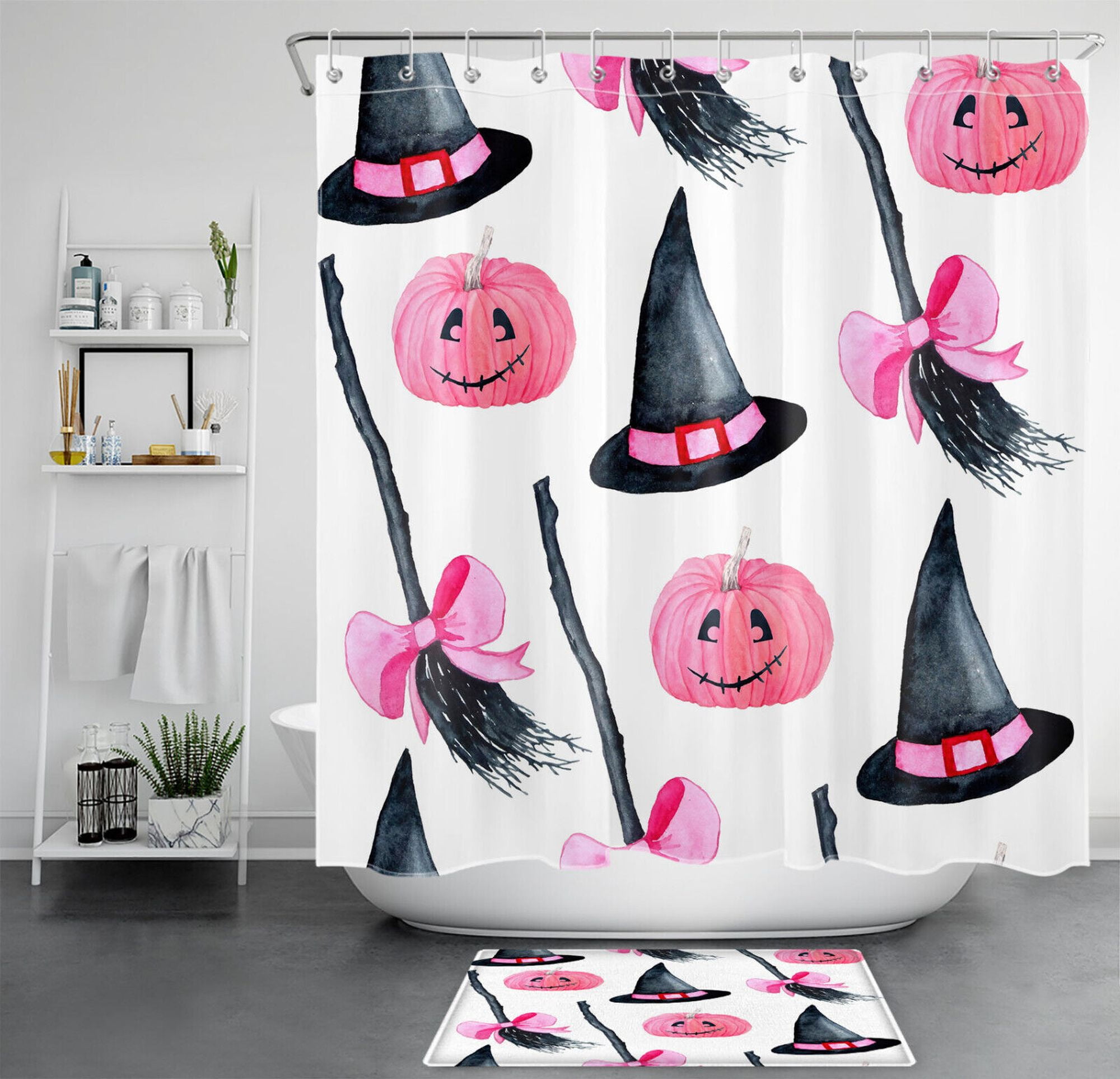 Black Witch Broom and Pink Pumpkin Shower Curtain Set for Spooky
