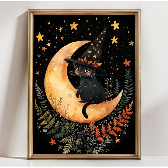 Black Witch Cat Art Crescent Moon Wall Decor Cute Magical Kitty Celestial Home Decor