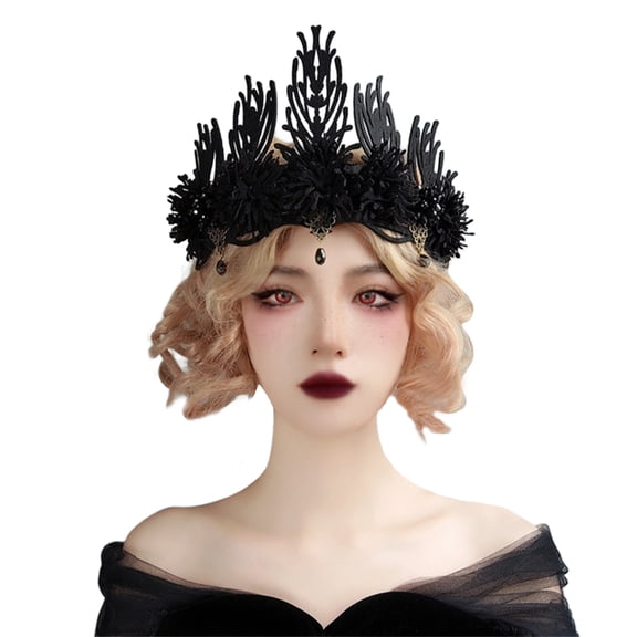 Black Witch Crown Headband Halloween Costume Tiaras Crown Hairband for Formal Event Cosplay Party Antique Punk Headpiece