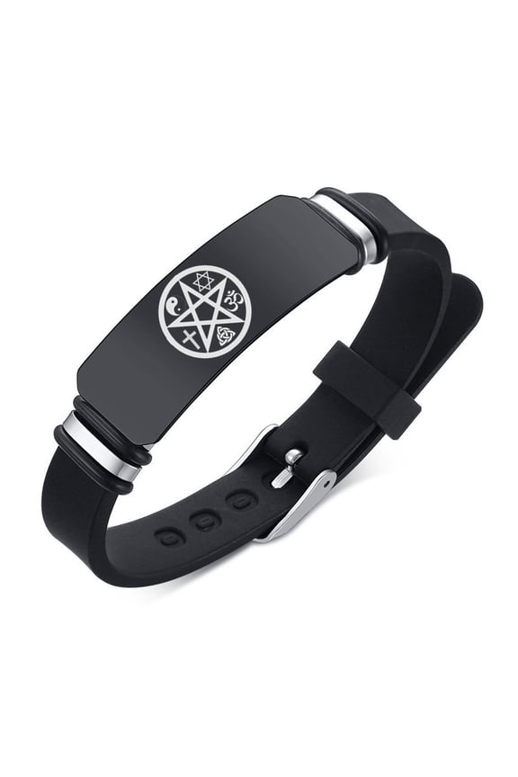 Black Witchcraft Pentagram Tetragrammaton Silicone Strap Bracelet Sacred Pentacle Rubber Wristband for Men Women Cross Om Mogan Star Yin Yang Triquetra Talisman Jewelry, Adjustable