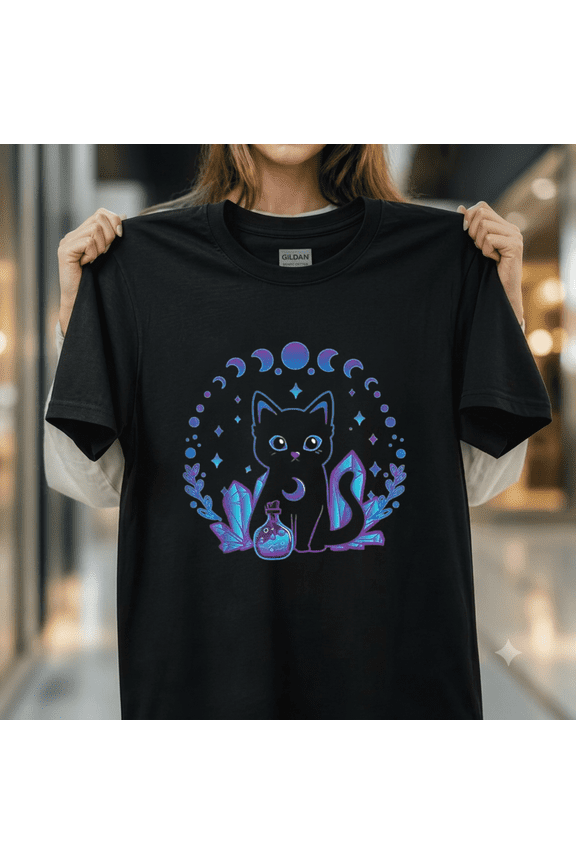 Black Witchy Cat Crystals Gothic Women Kawaii Pastel Goth Top Unisex T-Shirt, up to size 5XL