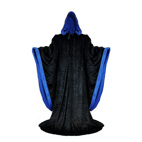 Black Wizard Robe with Hood and Sleeves, Halloween Party Costume for Adults, Velvet Lined in BLUE Satin Cosplay, 64" Cloak