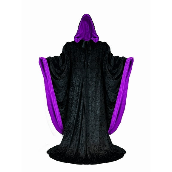 Black Wizard Robe with Hood and Sleeves, Halloween Party Costume for Adults, Velvet Lined in PURPLE Satin Cosplay, 64" Cloak