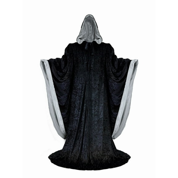 Black Wizard Robe with Hood and Sleeves, Halloween Party Costume for Adults, Velvet Lined in SILVER Satin Cosplay, 64" Cloak