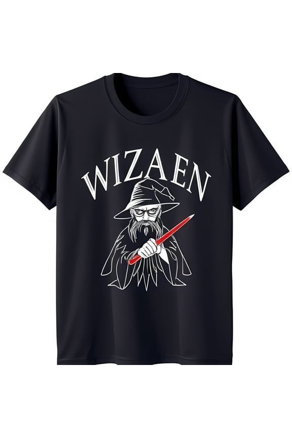 Black Wizard T-Shirt with Bold 'WIZAEN' Graphic & Red Wand Design