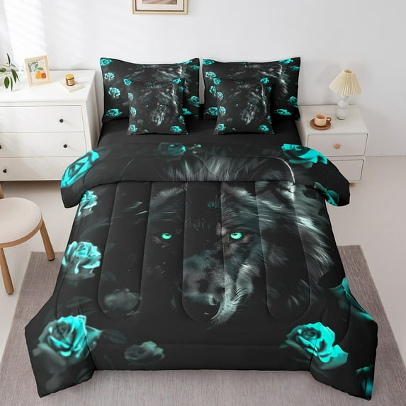 Black Wolf 7 Piece Comforter Set Full Bed in a Bag,Teal Rose Bedding Sets Romantic Flowers Bedding Comforter Sets,Wild Woodland Animals Sheet Set with Comforter