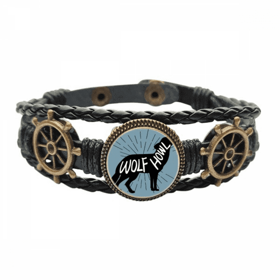 Black Wolf Animal Outline Natural Leather Braided Ocean Bracelet Wristband