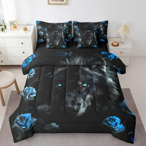 Black Wolf Bed in a Bag Queen Comforter Set 7 Piece,Blue Rose Bedding Sets Romantic Flowers Fitted Sheet,Wild Woodland Animals Sheet Set with Comforter