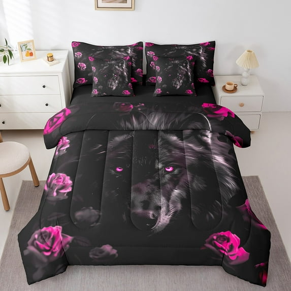 Black Wolf Bed in a Bag Queen Comforter Set 7 Piece,Magenta Rose Bedding Sets Romantic Flowers Bedding Comforter Sets,Wild Woodland Animals Sheet Set with Comforter