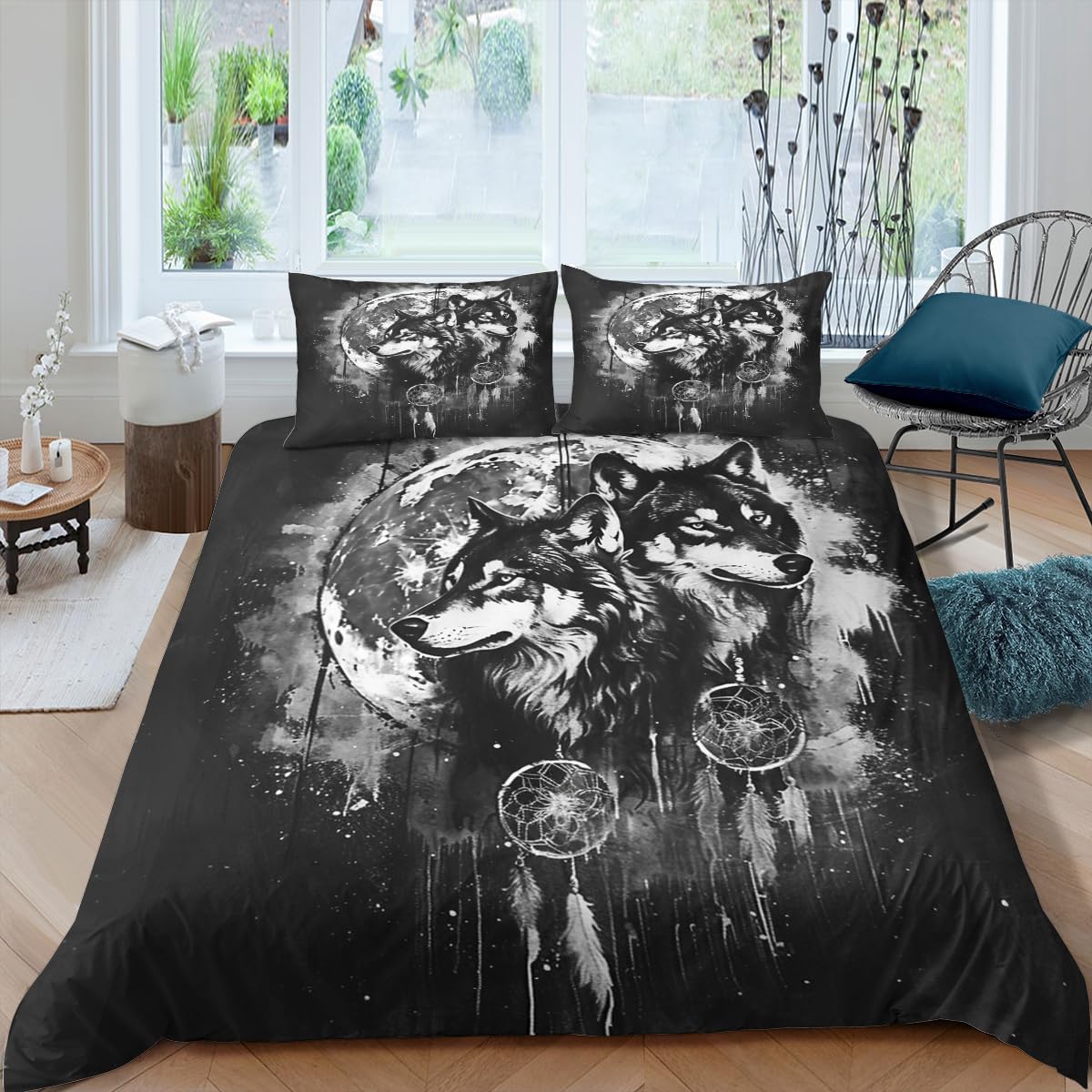 Black Wolf Bedding Set 79x90inch Kids Black Wolf Duvet Cover Moon Night