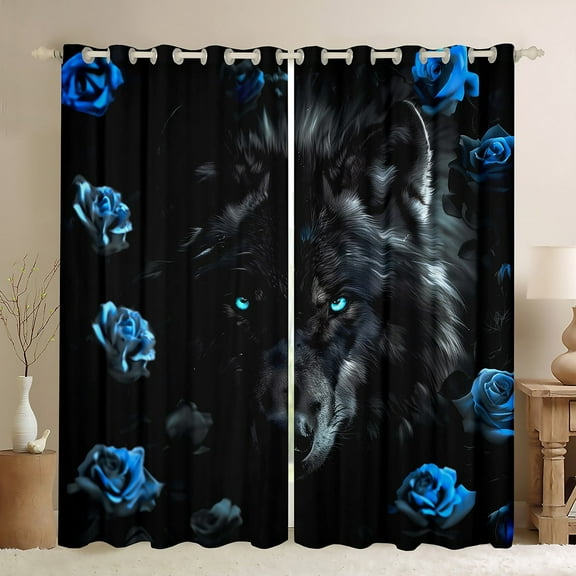 Black Wolf Curtains for Living Room,Blue Rose Curtains&nbsp;&&nbsp;Drapes Romantic Flowers Blackout&nbsp;Curtains 2 Panels 52"Wx84"L,Wild Woodland Animals Window&nbsp;Curtains