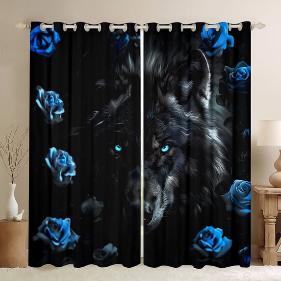 Black Wolf Curtains for Living Room,Blue Rose Curtains & Drapes Romantic Flowers Blackout Curtains 2 Panels 52"Wx84"L,Wild Woodland Animals Window Curtains