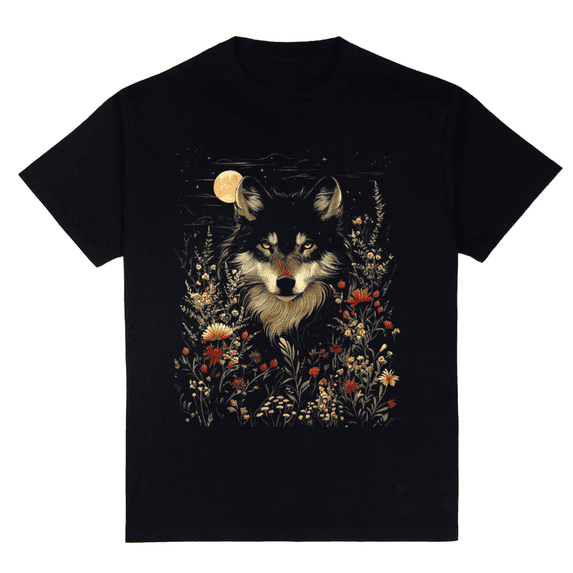 Black Wolf Full Moon Boho Floral Mystical Graphic Women T-Shirt