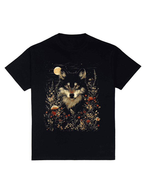 Black Wolf Full Moon Boho Floral Mystical Graphic Women T-Shirt