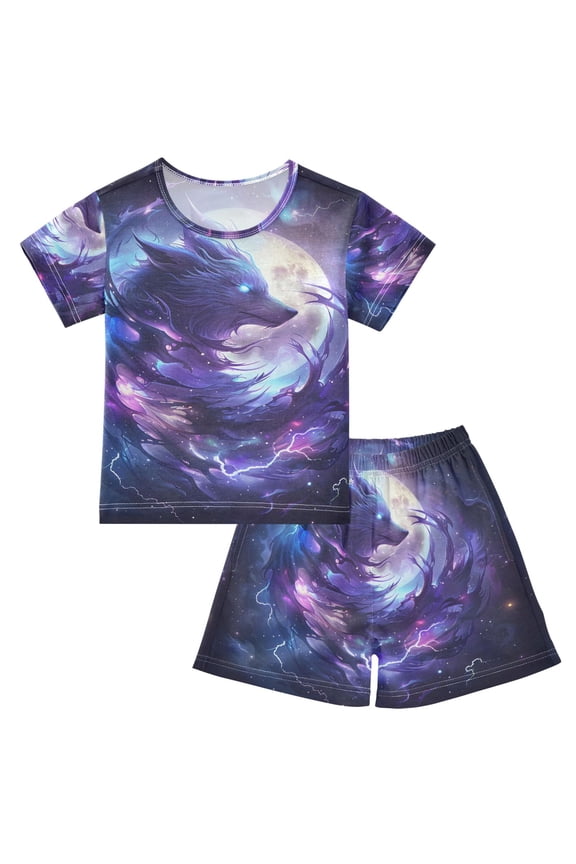 Black Wolf Moon Summer Pajama Set Soft Cotton Short Sleeve Sleepwear 2PCS Pajama Sets Breathable Lounge Set Size 10Y
