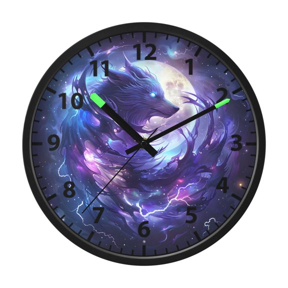 Black Wolf Moon Wall Clock 12 Inch Voice Activated Night Light Silent Non Ticking