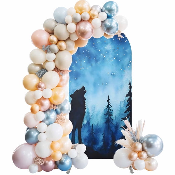 Black Wolf Night Arch Backdrop Cover, Spandex Fitted Wedding Arch Cover, Abstract Forest Silhouette Starry Round Top Stand Covers for Birthday Ceremony Bridal Shower Party Decor 5x2.1 Ft