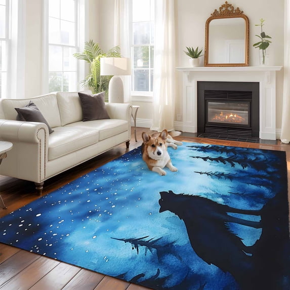 Black Wolf Night Area Rug 5x8 FT, Non Slip Bedroom Throw Carpet, Abstract Forest Silhouette Starry Washable Soft Floor Carpet Non-Shedding Rug for Living Room Nursery Dorm Office