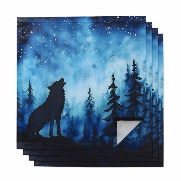 Black Wolf Night Cloth Napkins, Abstract Forest Silhouette Starry Washable and Reusable Dinner Napkins Set of 4, Table Napkin for Kitchen Party Birthday Wedding Hotel Housewarming 20"x20"