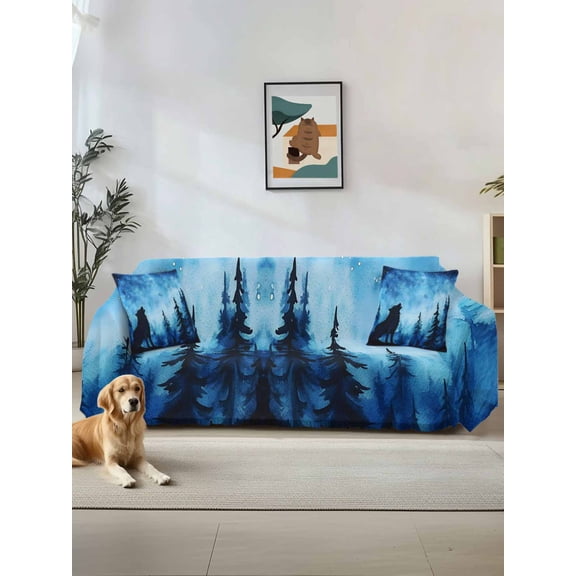 Black Wolf Night Couch Cover, Abstract Forest Silhouette Starry Sofa Cover Blanket for Loveseat Couches,Sectional Sofa Slipcover Furniture Protector for Living Room Bedroom 71''x118''