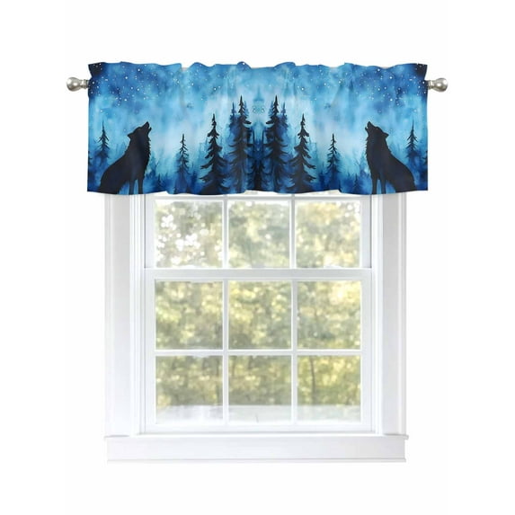 Black Wolf Night Curtain Valances for Windows, Abstract Forest Silhouette Starry Kitchen Valance Window Treatment, Light Filtering Block Curtains for Bathroom/Bedroom/Living Room 42'' x 12''