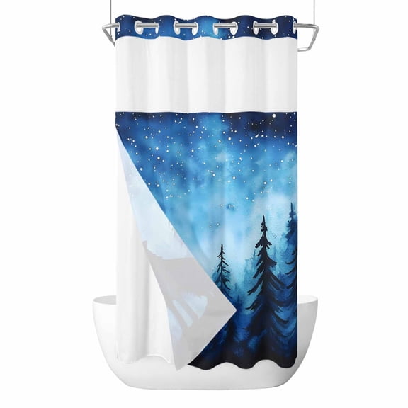 Black Wolf Night No Hook Shower Curtain Waterproof, Bathroom Curtains with Snap in Liners and See Through Top Window, Abstract Forest Silhouette Starry Hotel Style Bathtub Curtains Shower 36"Wx78"L