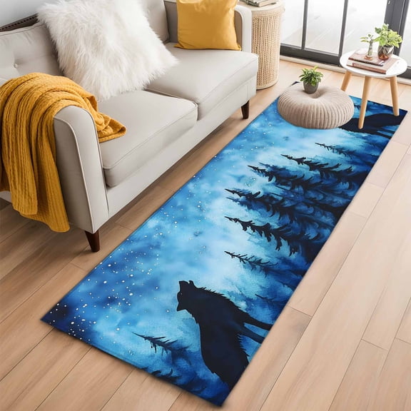 Black Wolf Night Kitchen Runner Rug 2x6 Washable Runners for Hallway Non Slip Abstract Forest Silhouette Starry Large Area Rug Indoor Floor Carpet for Bathroom Laundry Entryway Bedroom Living Room