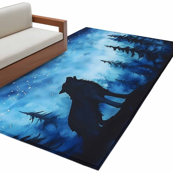Black Wolf Night Large Area Rugs for Bedroom Living Room, Soft Non Slip Carpet Bedside Rug, Abstract Forest Silhouette Starry Rectangular Floor Cover Kitchen Accent Rug 4'x6' for Dining Room/Office