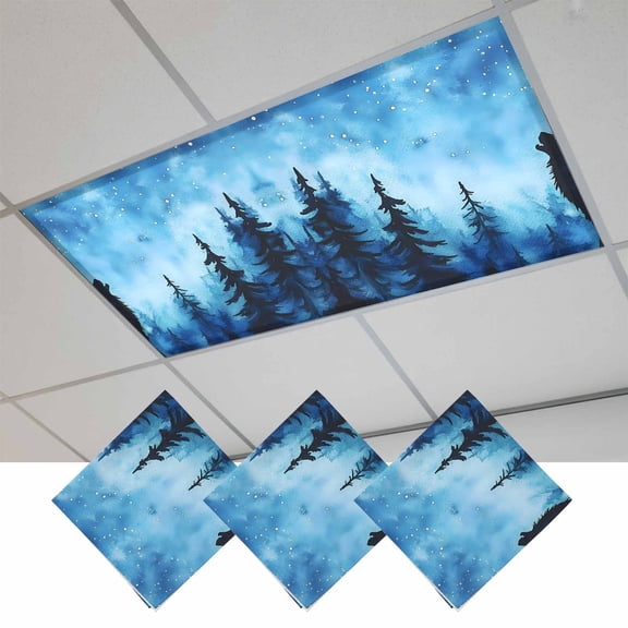 Black Wolf Night Magnetic Fluorescent Light Covers for Ceiling Lights 2x4Ft, Abstract Forest Silhouette Starry Office Classroom Kitchen Drop Ceiling Light Covers Lighting Filters Shade Panel 3 Packs