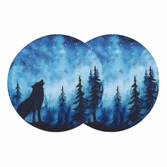 Black Wolf Night Round 13 Inch Placemats Set of 2, Abstract Forest Silhouette Starry HeatResistant Non Slip Place Mats for Dining Table, Wipeable Braided Kitchen Table Mats for Housewarming