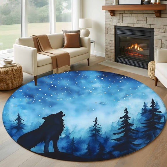 Black Wolf Night Round Area Rug 6 FT, Non Slip Bedroom Rugs, Abstract Forest Silhouette Starry Washable Soft Circular Carpet Non-Shedding Floor Mat for Kitchen Dining Room Home Office Kids Room