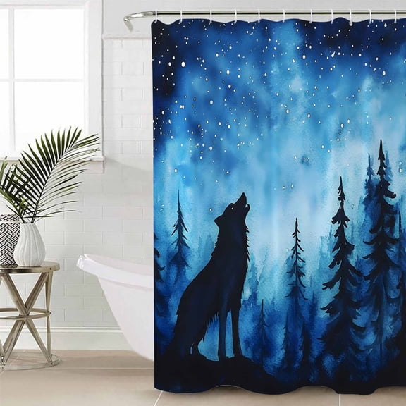 Black Wolf Night Shower Curtain Set, Waterproof Shower Curtains for Bathroom, Abstract Forest Silhouette Starry Washable Fabric Cloth Bath Curtain for Bathtub Decoration with Hooks 60x72 Inches