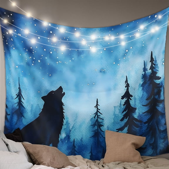 Black Wolf Night Small Tapestry for Bedroom Wall Hanging Tapestry, Abstract Forest Silhouette Starry Ceiling Backdrop Tapestries Poster Blanket Wall Decor for Teens Room Living Room Dorm 23" x 28"
