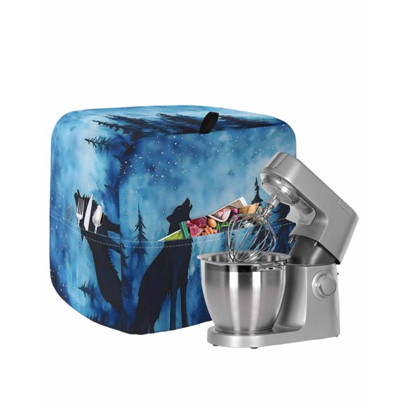 Black Wolf Night Stand Mixer Dust Cover with Storage Pocket & Handles, Abstract Forest Silhouette Starry Fits All Tilt Head & Bowl Lift Kitchen Appliance Cover Organizer Bag Accessories, 4.5-5 Quart