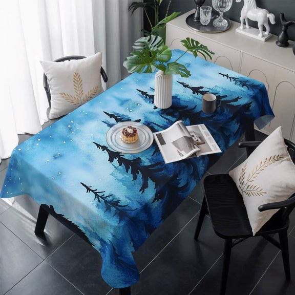 Black Wolf Night Table Cloth Waterproof Tablecloths, Abstract Forest Silhouette Starry Tablecloth Dining Table Cover for Kitchen Party Tabletop Outdoor, Rectangle Tablecloth 60x120 Inch