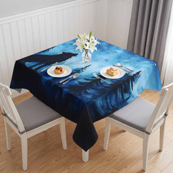 Black Wolf Night Table Cloth Waterproof Tablecloths, Abstract Forest Silhouette Starry Tablecloth Dining Table Cover for Kitchen Party Tabletop Outdoor, Square Tablecloth 54x54 Inch