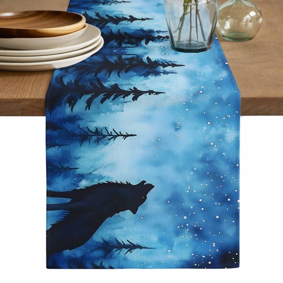 Black Wolf Night Table Runner, Abstract Forest Silhouette Starry Washable Cotton Linen Table Runners 36 Inches Long, Dresser Scarf Runner for Nightstand/End Tables/Round Tables 13''x36''