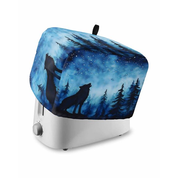Black Wolf Night Toaster Cover 2 Slice, Abstract Forest Silhouette Starry Dustproof Bread Machine Oven Cover with Storage Pockets, Fits Most Kitchen Toasters Protector