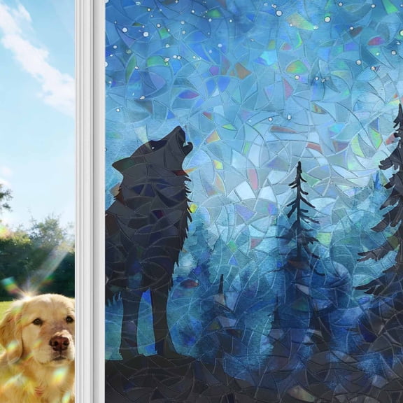 Black Wolf Night Window Privacy Film Stain Glass,Reusable Decorative Rainbow Window Film,Abstract Forest Silhouette Starry Static Cling Sun Blocking Stickers Decals Covers 17.7" x 39.3" (2pcs)