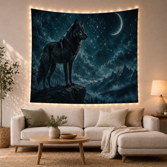 Black Wolf on a Peak under a Crescent Moon, Mystical Celestial for Astronomy Fans, Mountain Night Art, Housewarming Gift, Tapestry Wall Hanging for Bedroom and Studio