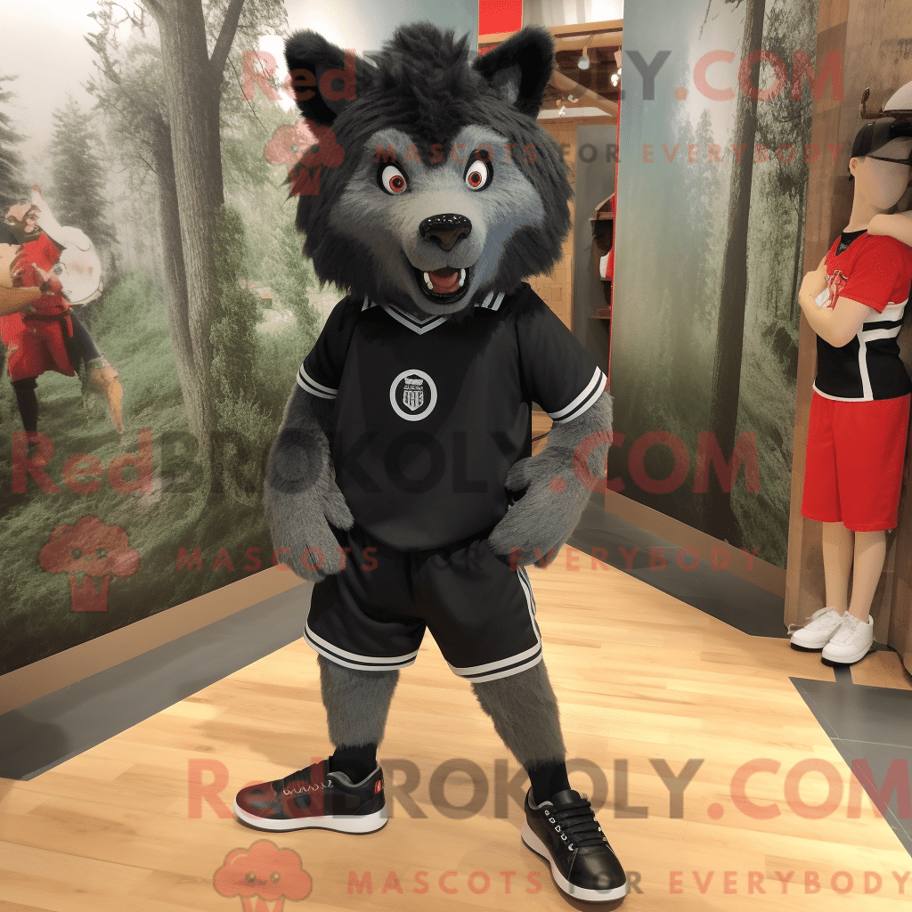 Black Wolf REDBROKOLY mascot costume character dressed with a Shorts ...