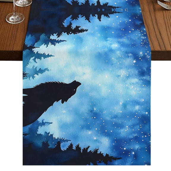 Black Wolf Silhouette 36 Inch Table Runner, Abstract Starry Night Forest Farmhouse Dresser Scarf Cotton & Linen Tablerunner for Dining/Kitchen Island/Holiday Party Décor Small 13" x 36"