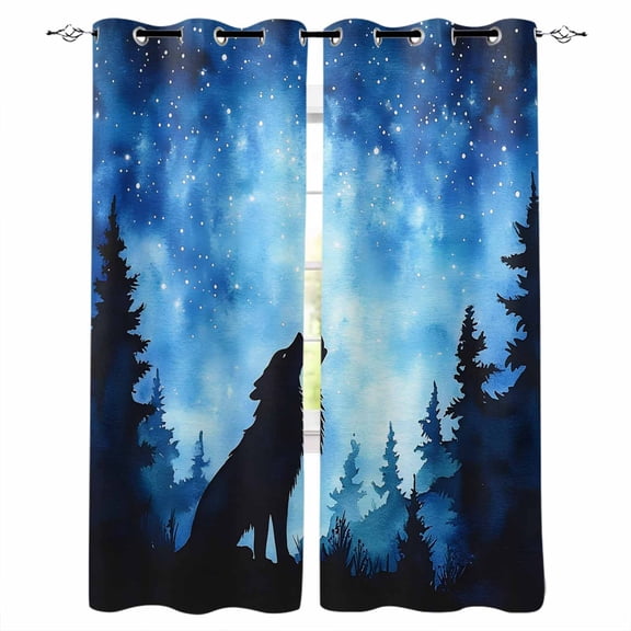 Black Wolf Silhouette Blackout Curtains for Bedroom Living Room Darkening Curtains 54 Inch Long Abstract Starry Night Forest Short Curtain for Small Window Treatment Grommet Drapes 42"x54"x2