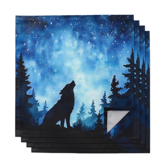 Black Wolf Silhouette Cloth Napkins, Abstract Starry Night Forest Washable and Reusable Dinner Napkins Set of 4, Table Napkin for Kitchen Party Birthday Wedding Hotel Housewarming 20"x20"