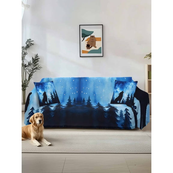 Black Wolf Silhouette Couch Cover, Forest Starry Night Sky Sofa Cover Blanket for Loveseat Couches,Sectional Sofa Slipcover Furniture Protector for Living Room Bedroom 71''x118''