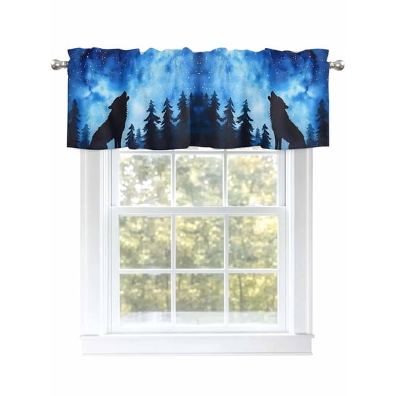 Black Wolf Silhouette Curtain Valances for Windows, Forest Starry Night Sky Kitchen Valance Window Treatment, Light Filtering Block Curtains for Bathroom/Bedroom/Living Room 54'' x 18''