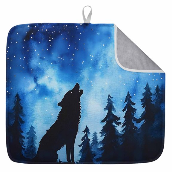 Black Wolf Silhouette Dish Drying Mat for Kitchen Counter, Forest Starry Night Sky Dish Mat Drying Kitchen Mat for Sink Fridge Drawer Absorbent Dishes Drainer Mats Microfiber Drying Pad 1pcs 16"x18"