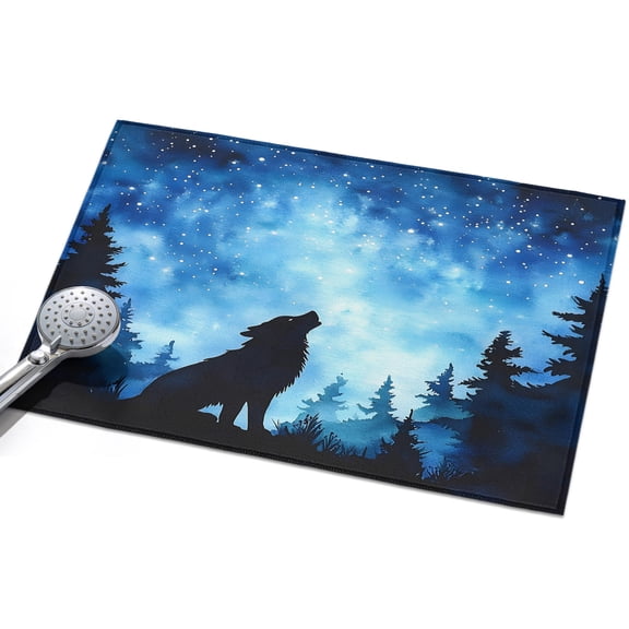 Black Wolf Silhouette Entryway Rug 2x3ft Washable Non Slip Bathroom Rug Low Pile Indoor Floor Front Door Mat Abstract Starry Night Forest Rectangle Area Rugs Carpet for Kitchen Office Dining Room